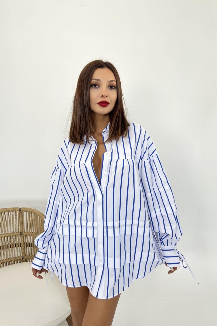 Thick Striped Shirt - White & Navy Blue - Brand: Fame - Women & Kids, Baby Clothes Wholesale - TheBS Women