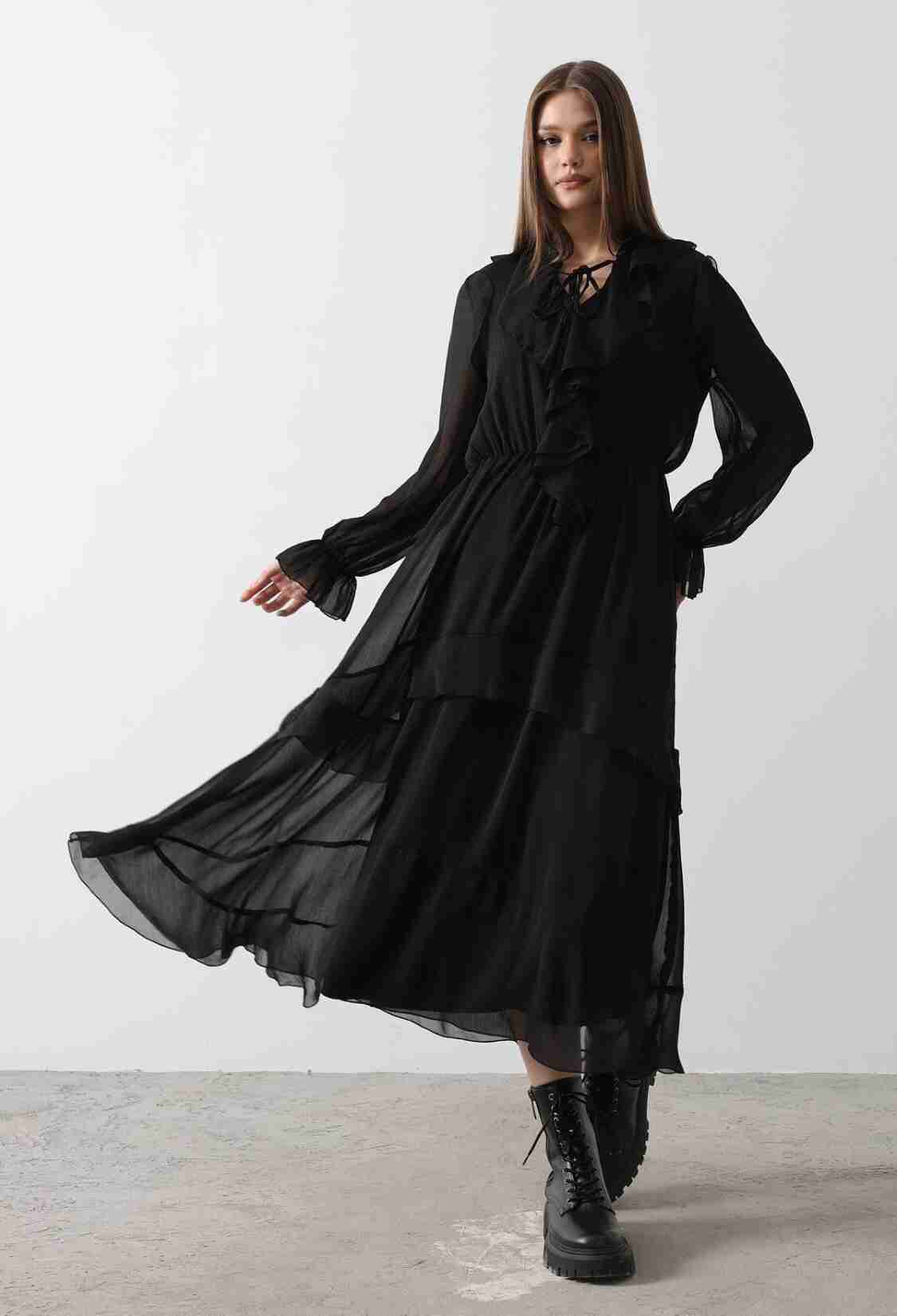 Ruffle Detailed Chiffon Dress - - Black - Brand: Reyon - Women & Kids, Baby Clothes Wholesale - TheBS Women