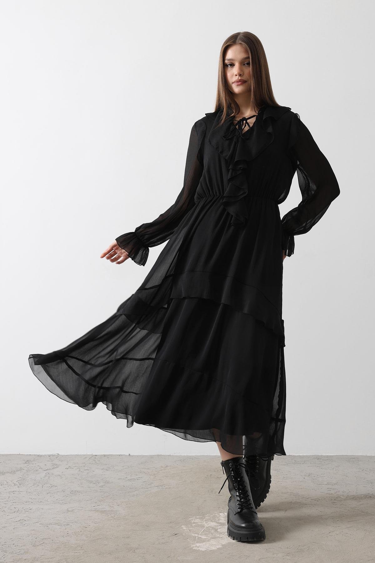 Ruffle Detailed Chiffon Dress - - Black - Brand: Reyon - Women & Kids, Baby Clothes Wholesale - TheBS Women