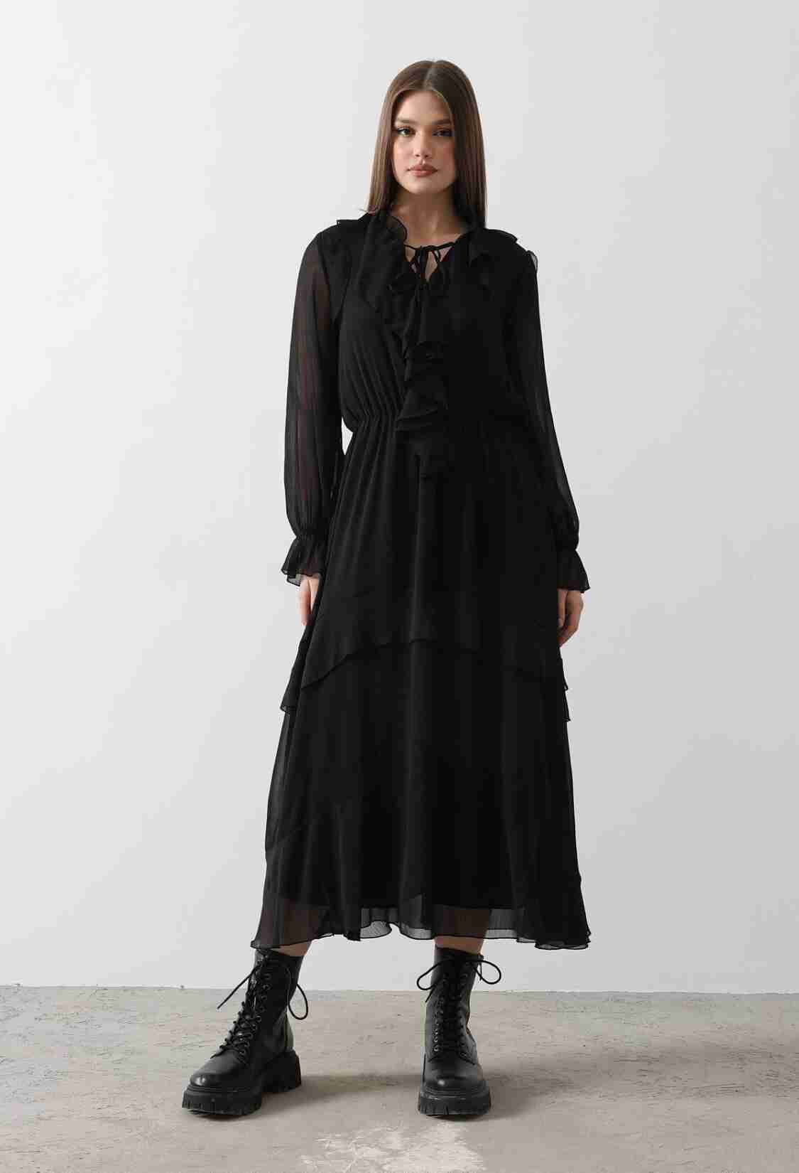 Ruffle Detailed Chiffon Dress - - Black - Brand: Reyon - Women & Kids, Baby Clothes Wholesale - TheBS Women