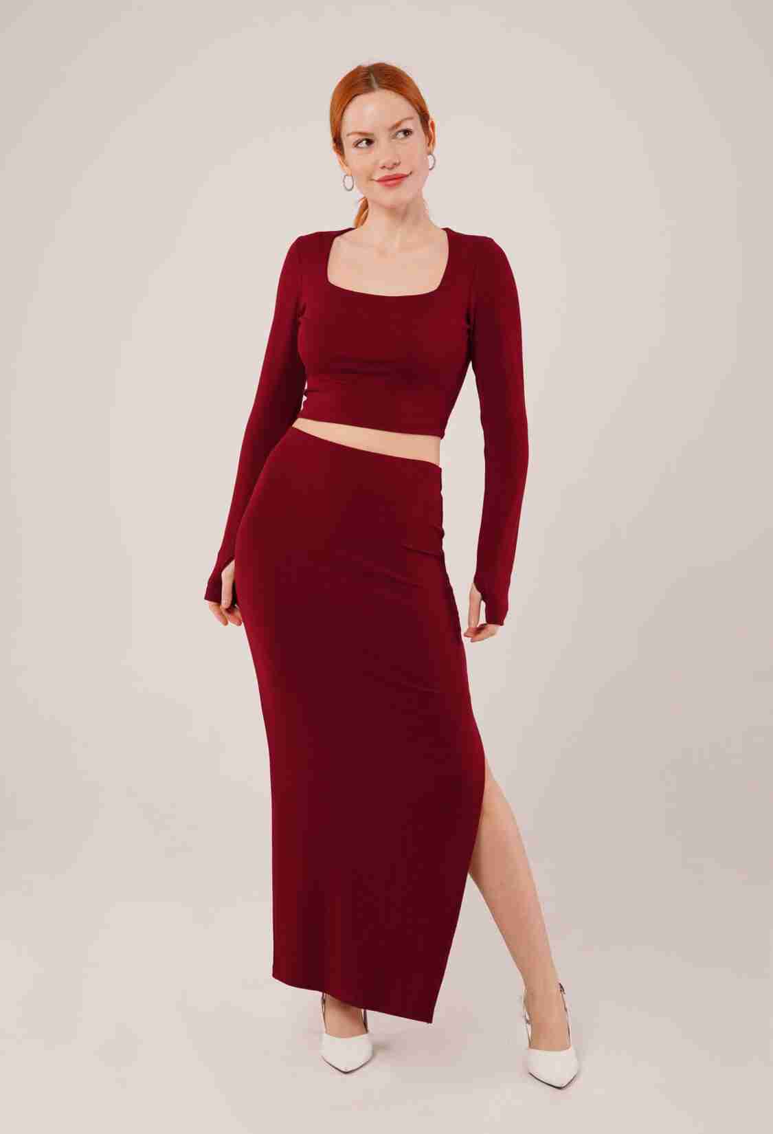 Square Collar Blouse And Slit Detailed Skirt Wholesale Double Burgundy Suit - Brand: Lustrin - Women & Kids, Baby Clothes Wholesale - TheBS Women