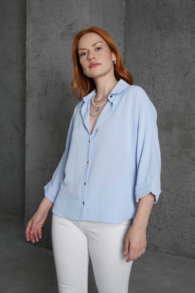 Wholesale Baby Blue Shirt With Sleeve Folding Detail - Brand: Lustrin - Women & Kids, Baby Clothes Wholesale - TheBS Women