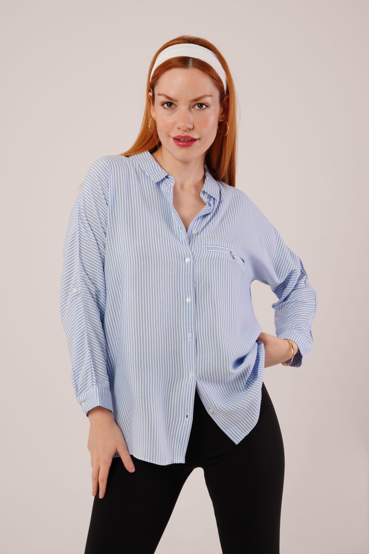 Pocket Detail Striped Oversize WholesaleShirt - Brand: Lustrin - Women & Kids, Baby Clothes Wholesale - TheBS Women