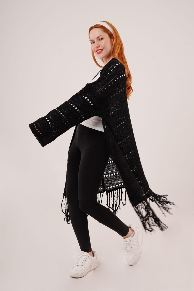 Perforated Transitional Tassel Detail Long Knitwear WholesaleCardigan - Brand: Lustrin - Women & Kids, Baby Clothes Wholesale - TheBS Women
