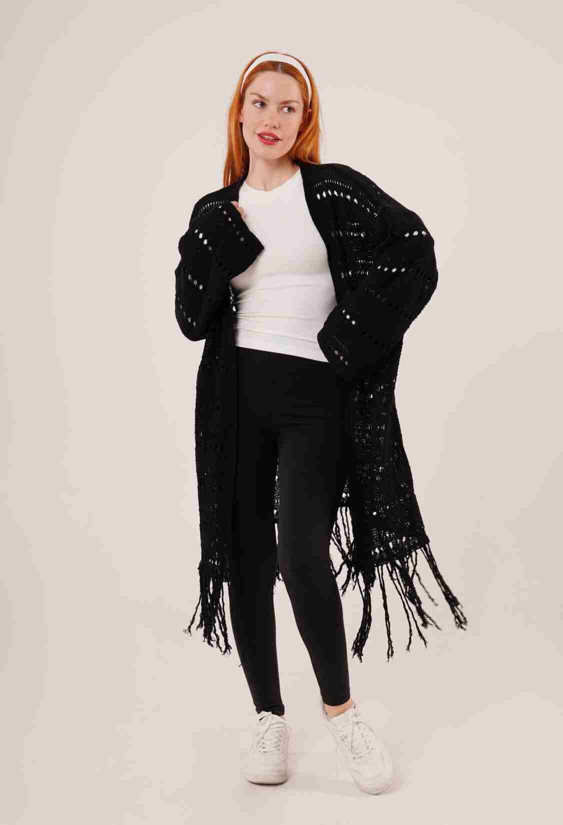 Perforated Transitional Tassel Detail Long Knitwear WholesaleCardigan - Brand: Lustrin - Women & Kids, Baby Clothes Wholesale - TheBS Women