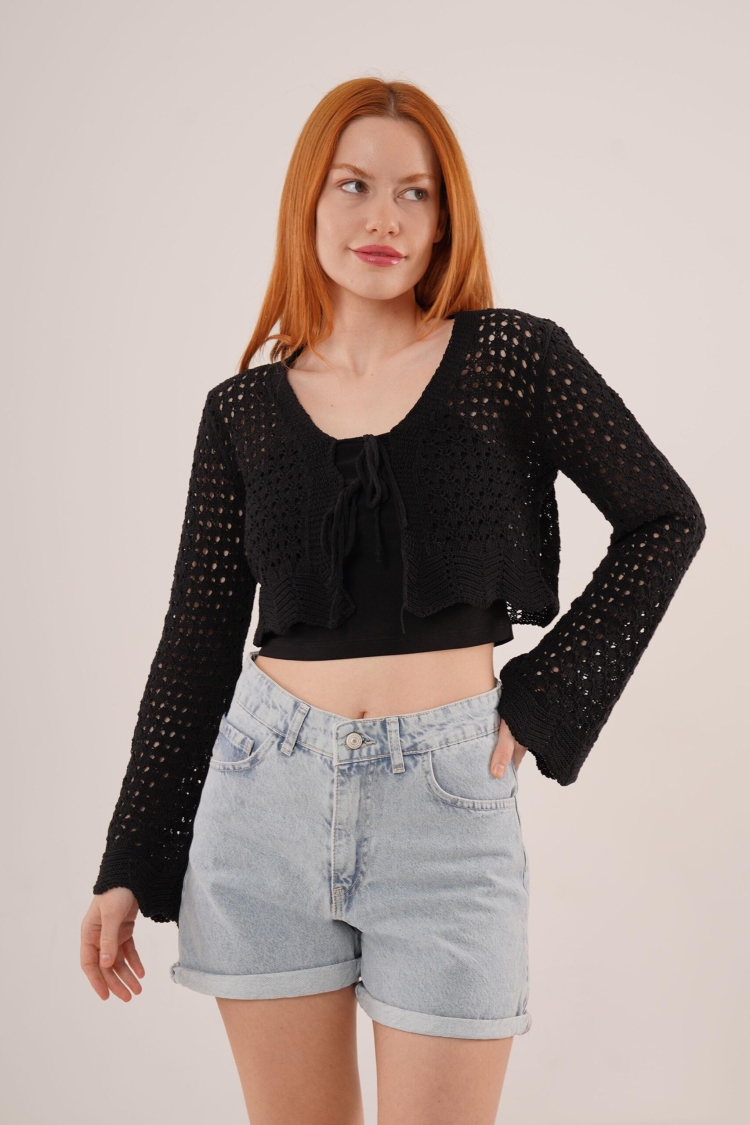 Front Tie Openwork Crop WholesaleCardigan - Brand: Lustrin - Women & Kids, Baby Clothes Wholesale - TheBS Women