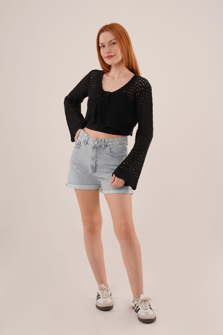 Front Tie Openwork Crop WholesaleCardigan - Brand: Lustrin - Women & Kids, Baby Clothes Wholesale - TheBS Women