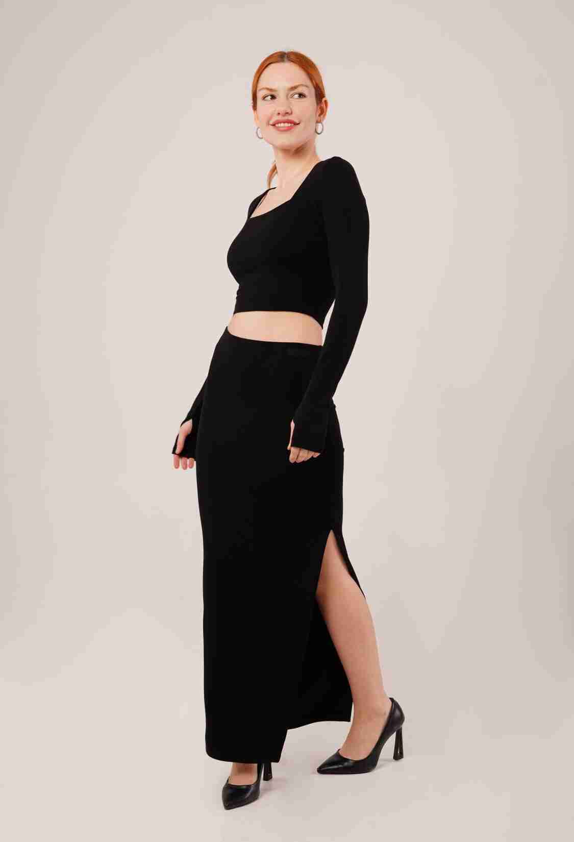 Square Collar Blouse And Slit Detailed Skirt Wholesale DoubleSuit - Brand: Lustrin - Women & Kids, Baby Clothes Wholesale - TheBS Women