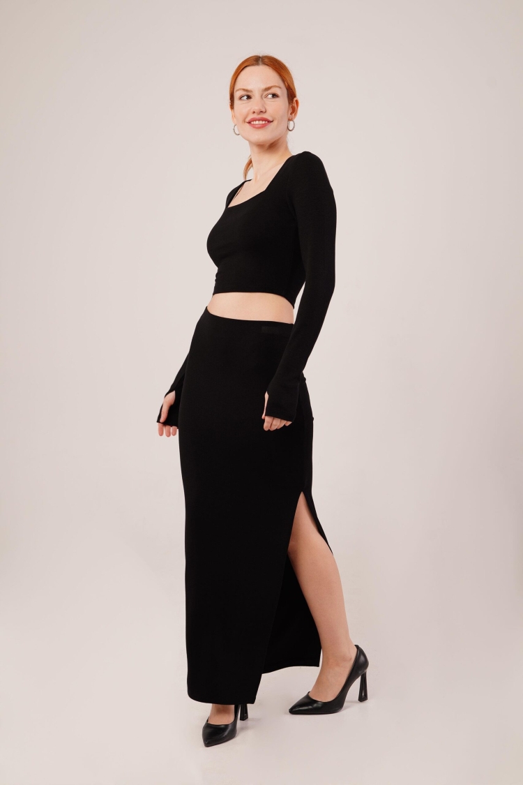 Square Collar Blouse And Slit Detailed Skirt Wholesale DoubleSuit - Brand: Lustrin - Women & Kids, Baby Clothes Wholesale - TheBS Women