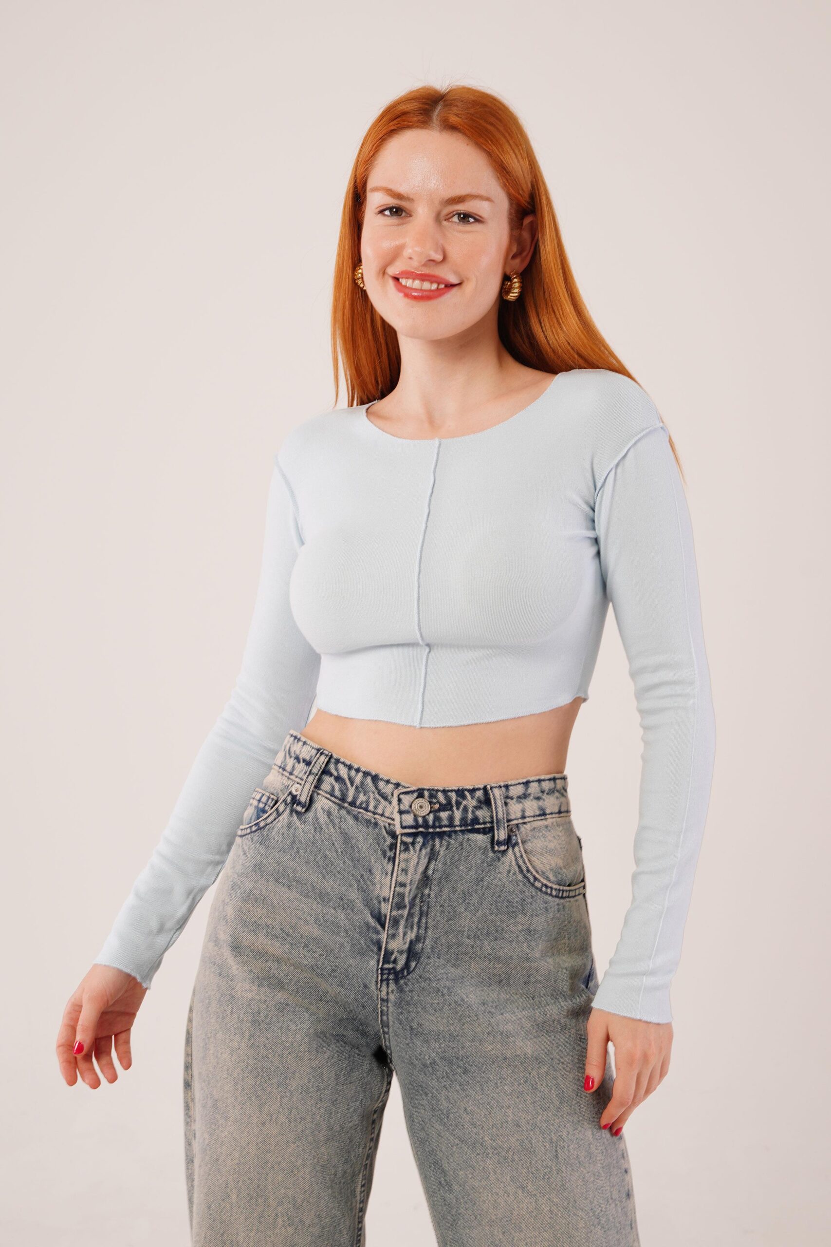 Basic Wholesale Baby Blue Body Blouse With Reverse Stitch - Brand: Lustrin - Women & Kids, Baby Clothes Wholesale - TheBS Women
