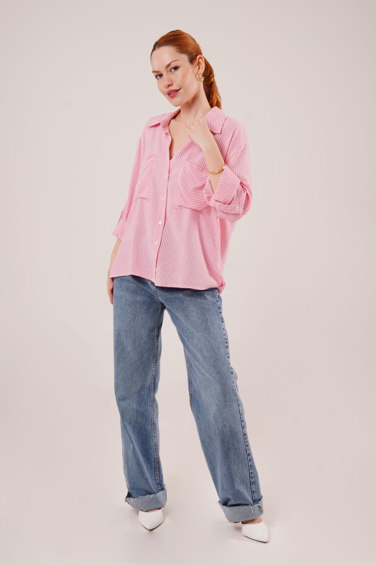 Bat Sleeve Striped Pocket Detailed WholesaleShirt - Brand: Lustrin - Women & Kids, Baby Clothes Wholesale - TheBS Women