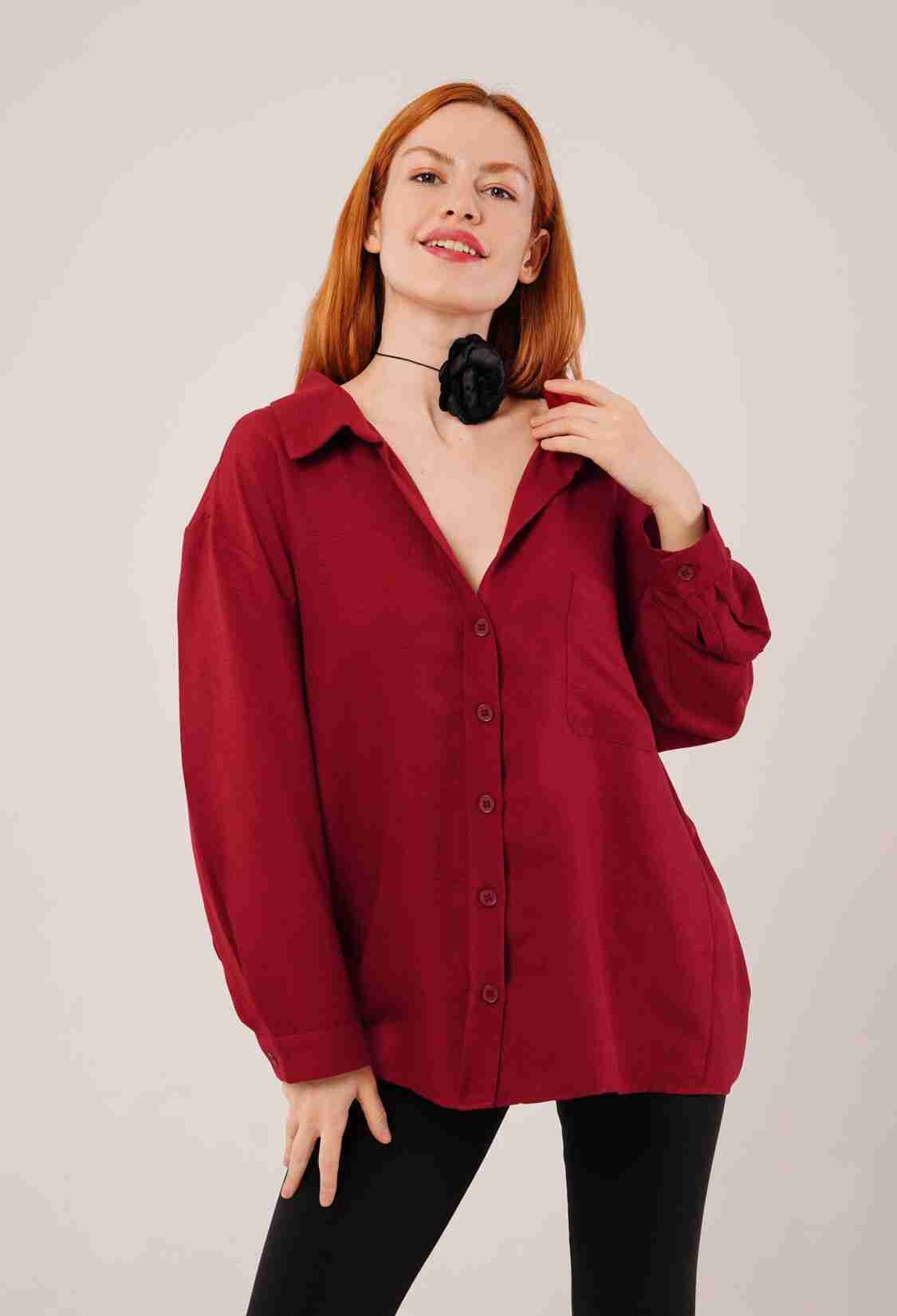 Basic Oversize Burgundy Wholesale Shirt - Brand: Lustrin - Women & Kids, Baby Clothes Wholesale - TheBS Women