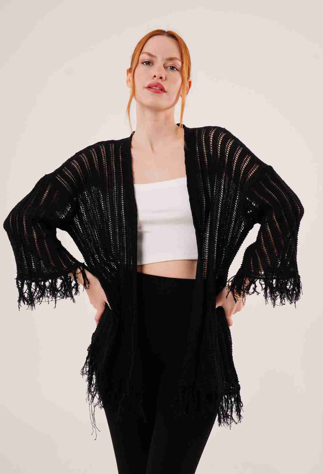 Tassel Detailed Perforated Pattern WholesaleCardigan - Brand: Lustrin - Women & Kids, Baby Clothes Wholesale - TheBS Women