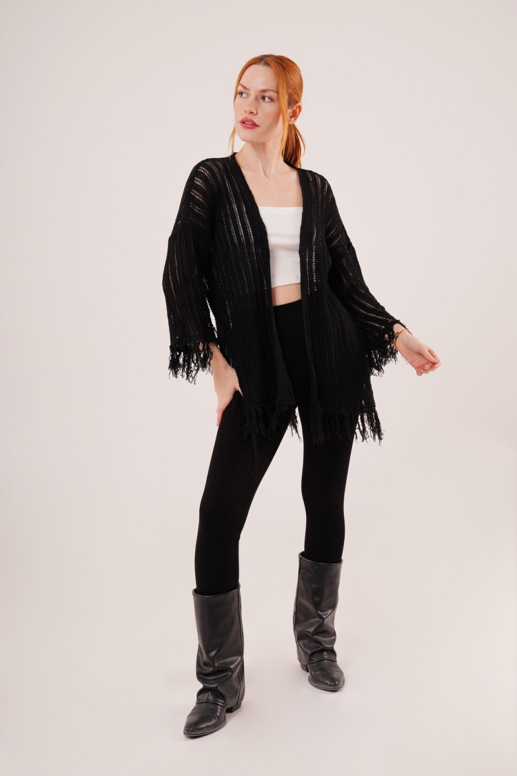 Tassel Detailed Perforated Pattern WholesaleCardigan - Brand: Lustrin - Women & Kids, Baby Clothes Wholesale - TheBS Women
