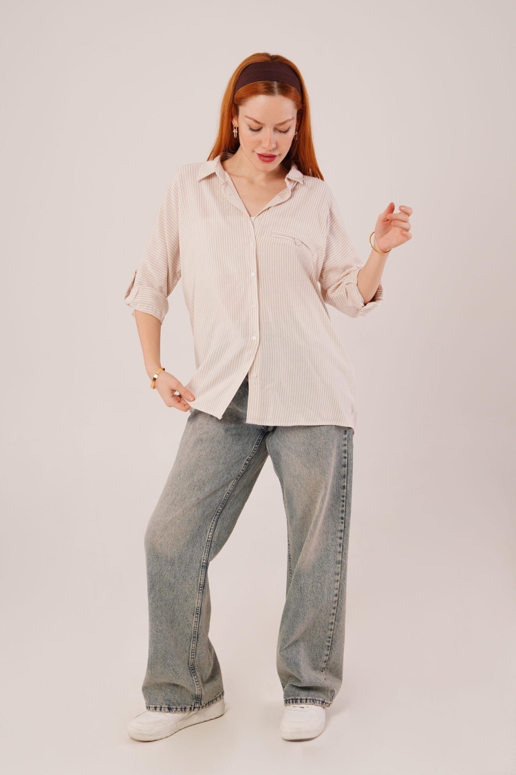Pocket Detail Striped Oversize WholesaleShirt - Brand: Lustrin - Women & Kids, Baby Clothes Wholesale - TheBS Women