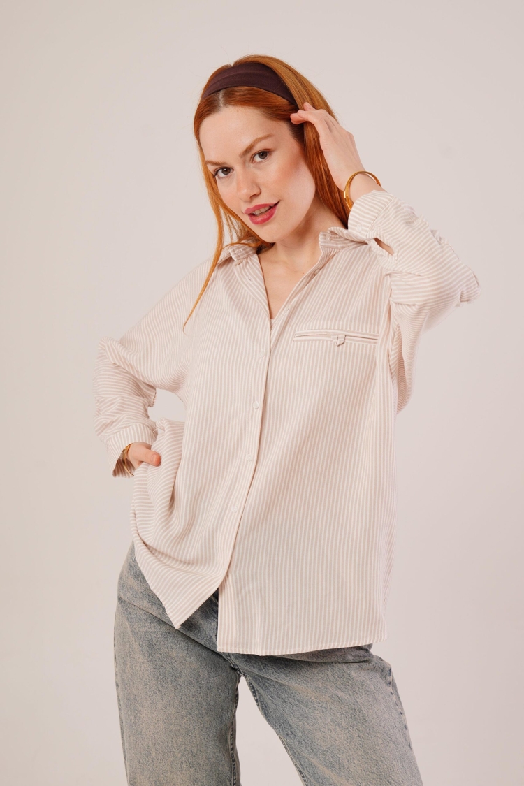 Pocket Detail Striped Oversize WholesaleShirt - Brand: Lustrin - Women & Kids, Baby Clothes Wholesale - TheBS Women