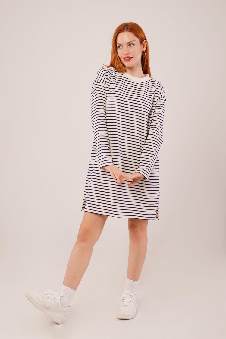Sleek Cut Striped Long Navy Wholesale Sweatshirt - Brand: Lustrin - Women & Kids, Baby Clothes Wholesale - TheBS Women