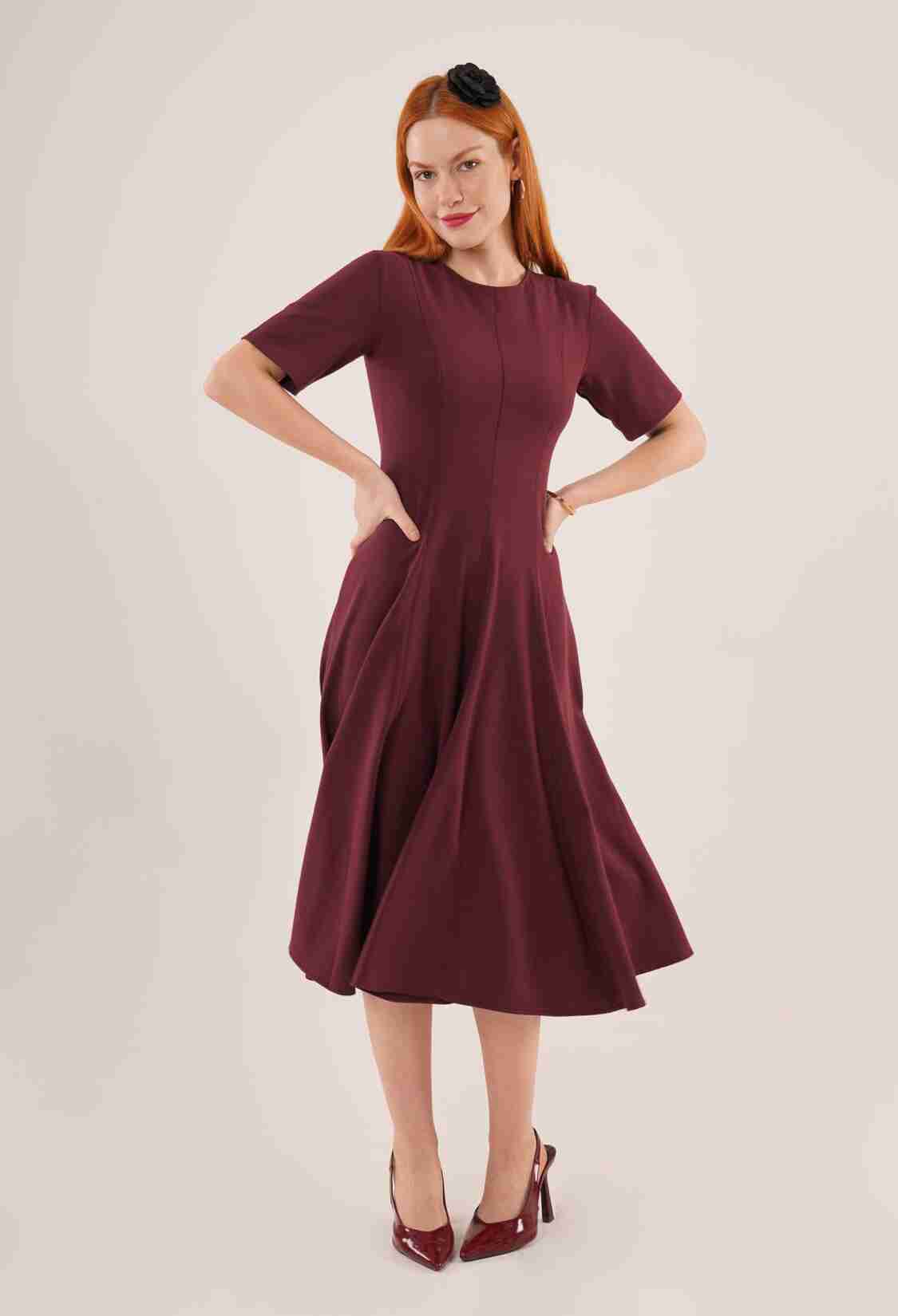 Stitching Detailed Short Sleeve Wholesale Burgundy Long Dress - Brand: Lustrin - Women & Kids, Baby Clothes Wholesale - TheBS Women