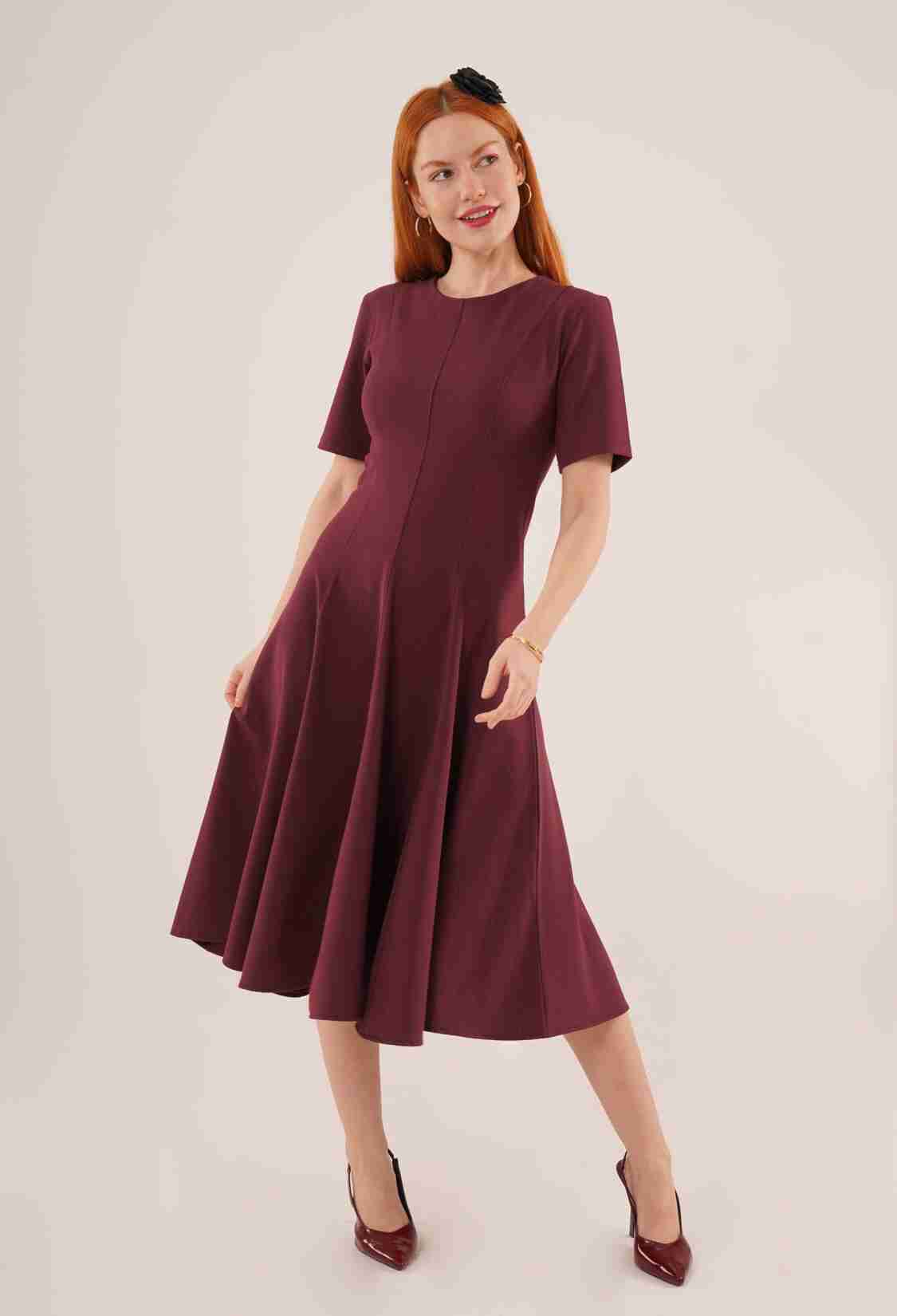Stitching Detailed Short Sleeve Wholesale Burgundy Long Dress - Brand: Lustrin - Women & Kids, Baby Clothes Wholesale - TheBS Women