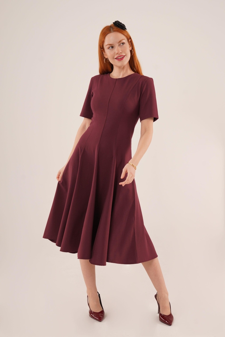 Stitching Detailed Short Sleeve Wholesale Burgundy Long Dress - Brand: Lustrin - Women & Kids, Baby Clothes Wholesale - TheBS Women