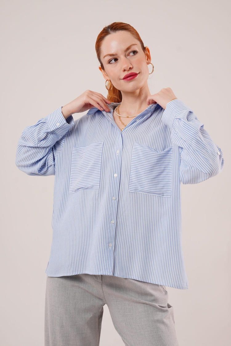 Bat Sleeve Striped Pocket Detailed WholesaleShirt - Brand: Lustrin - Women & Kids, Baby Clothes Wholesale - TheBS Women