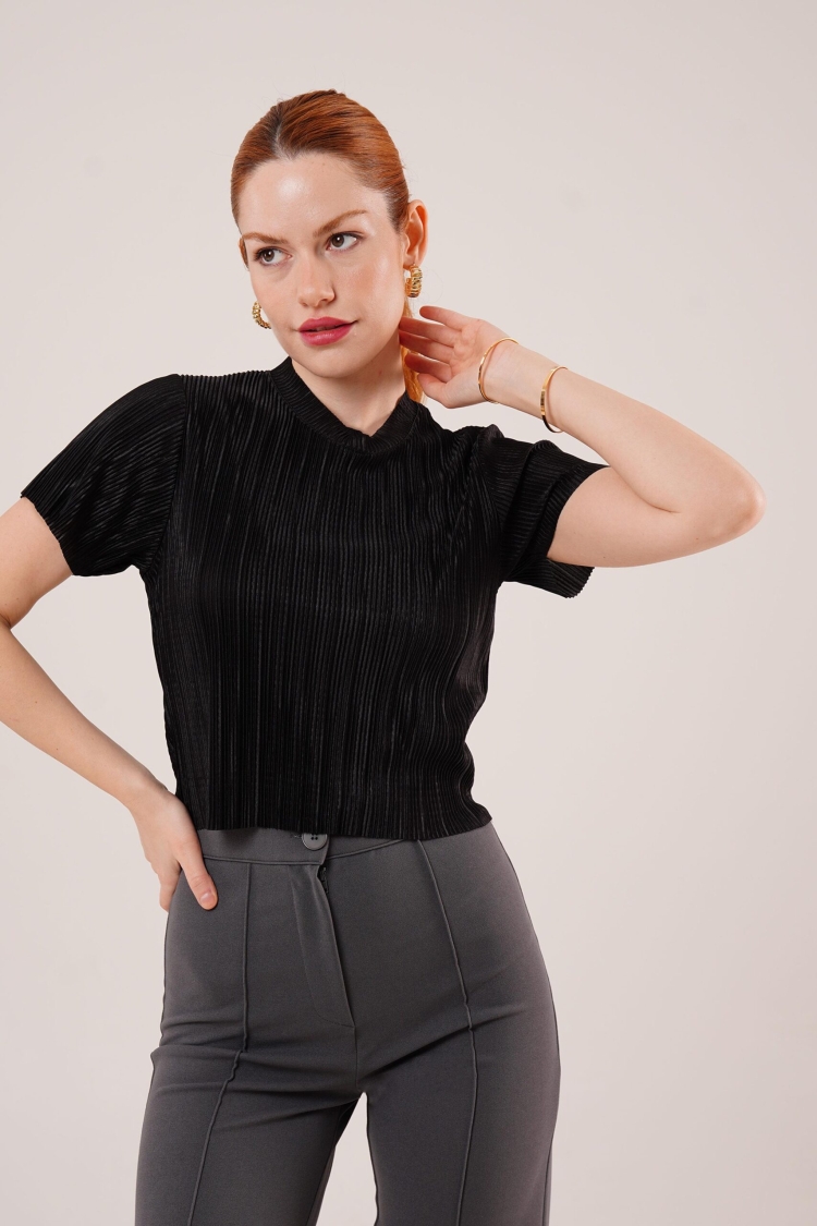 Ribbed Short Sleeve Shiny WholesaleBlouse - Brand: Lustrin - Women & Kids, Baby Clothes Wholesale - TheBS Women