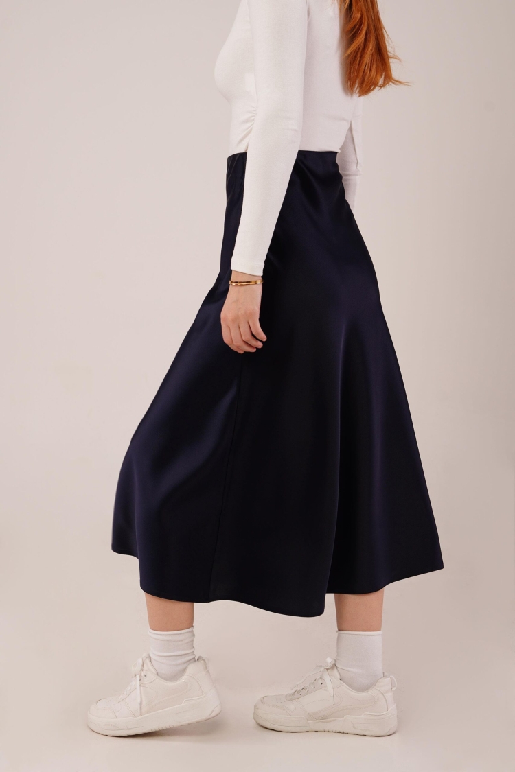 Bell Cut Midi Navy Wholesale Satin Skirt - Brand: Lustrin - Women & Kids, Baby Clothes Wholesale - TheBS Women