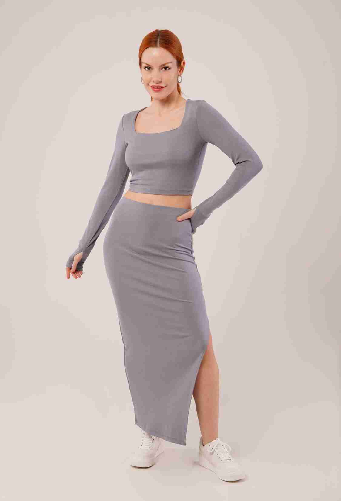 Square Collar Blouse And Slit Detailed Skirt Wholesale Double Gray Suit - Brand: Lustrin - Women & Kids, Baby Clothes Wholesale - TheBS Women