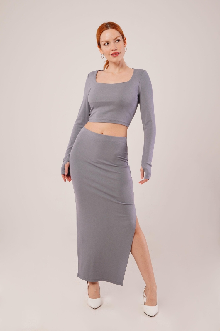 Square Collar Blouse And Slit Detailed Skirt Wholesale Double Gray Suit - Brand: Lustrin - Women & Kids, Baby Clothes Wholesale - TheBS Women