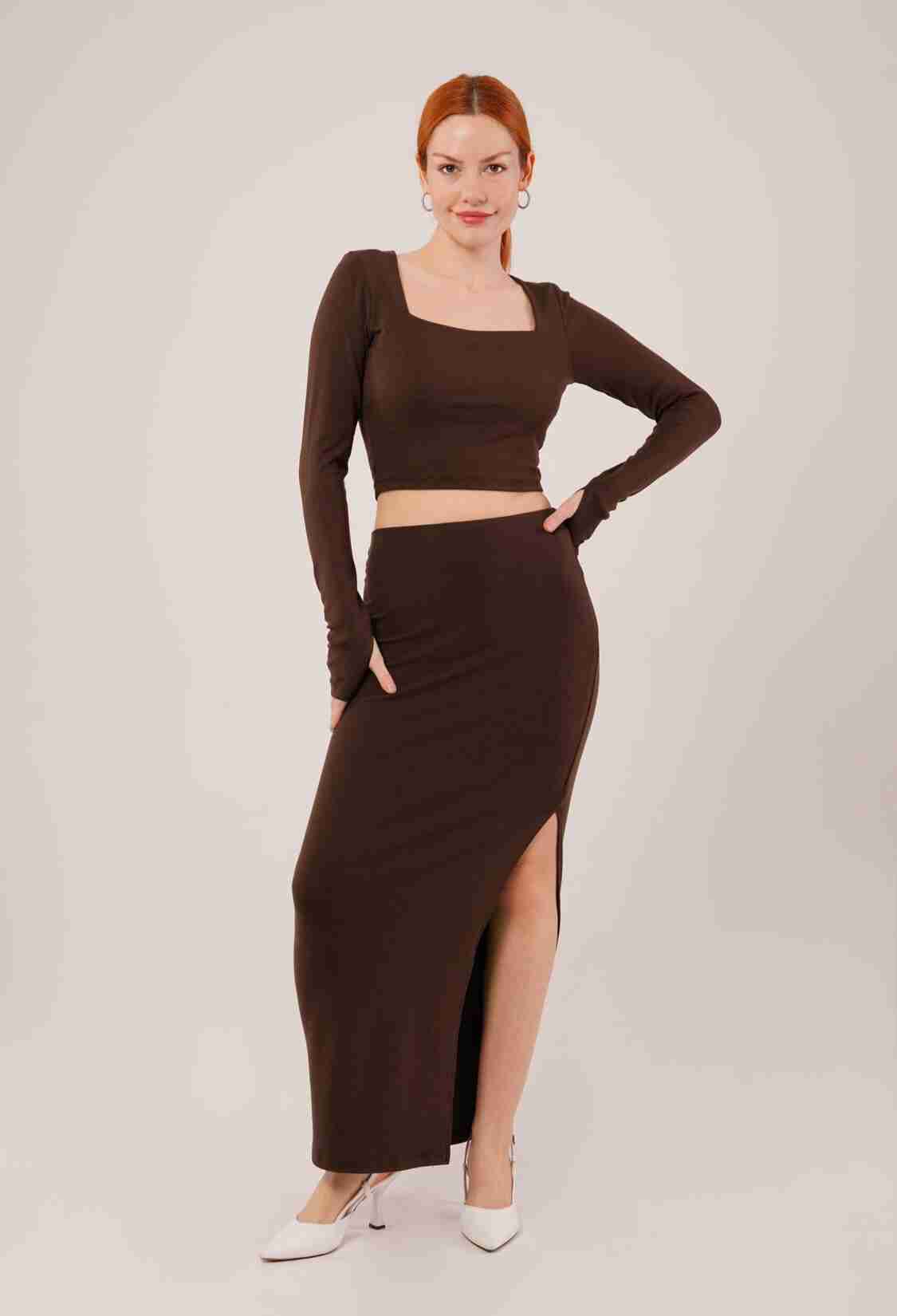 Square Collar Blouse And Slit Detailed Skirt Wholesale DoubleSuit - Brand: Lustrin - Women & Kids, Baby Clothes Wholesale - TheBS Women