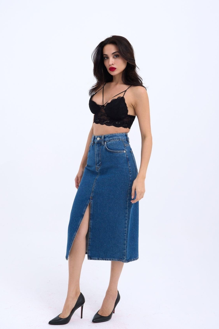 Denim Midi Slit Skirt - Dark - Brand: Fame - Women & Kids, Baby Clothes Wholesale - TheBS Women