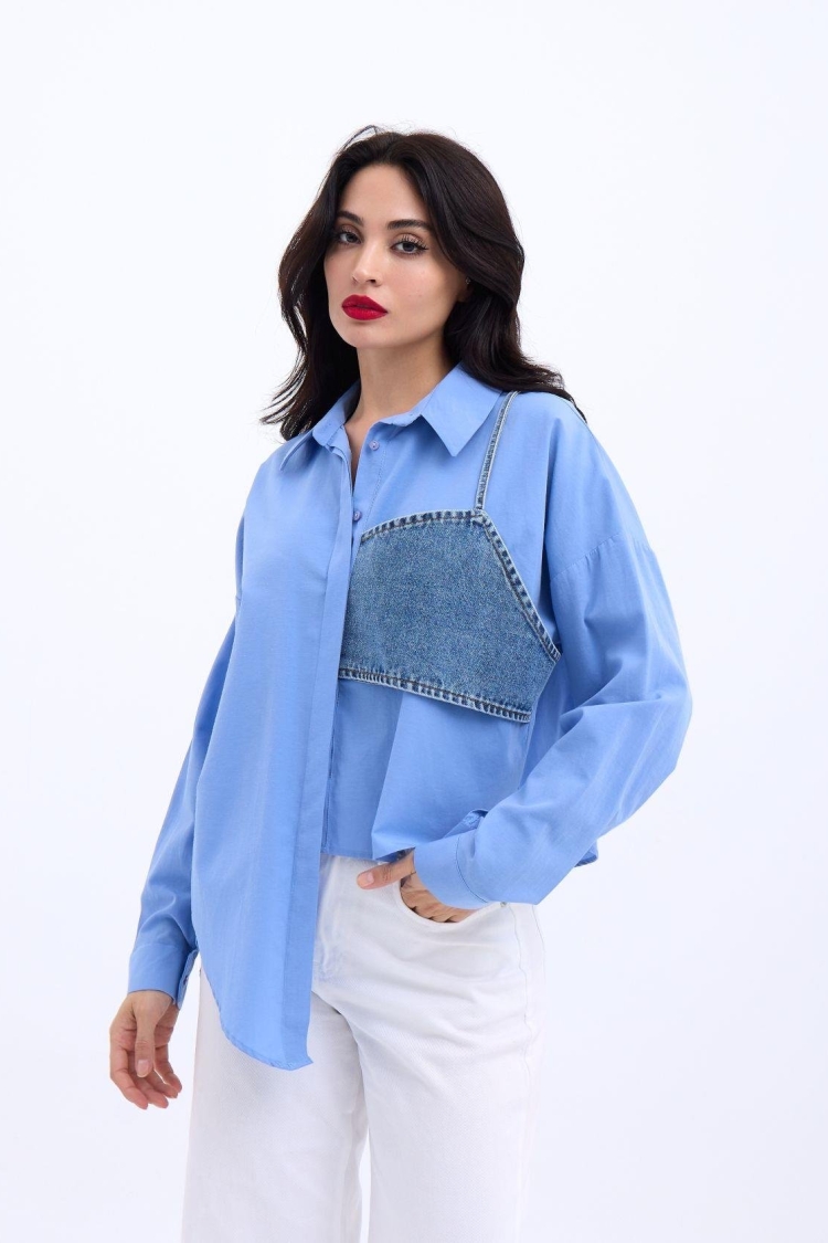 Denim Detailed Shirt - Brand: Fame - Women & Kids, Baby Clothes Wholesale - TheBS Women