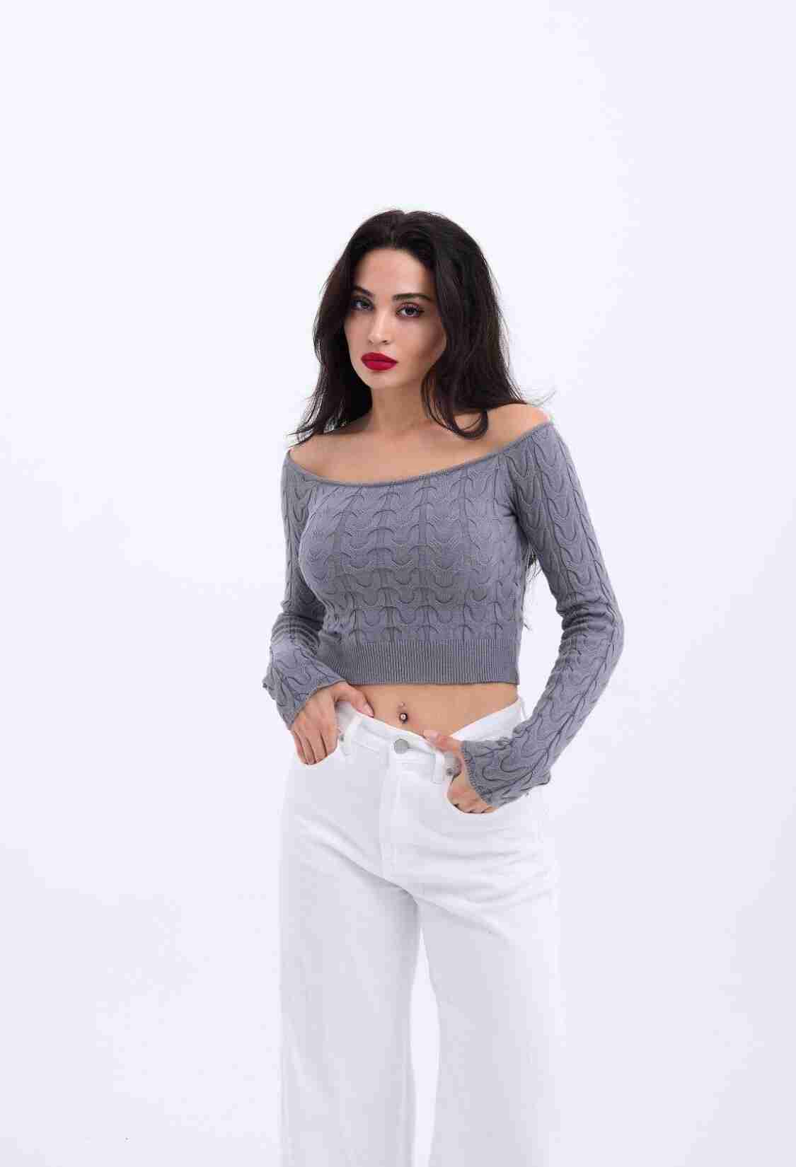 Knitwear Boat Neck Crop - Gray - Brand: Fame - Women & Kids, Baby Clothes Wholesale - TheBS Women