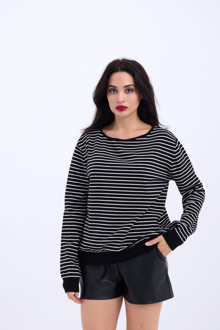 Knitted Striped Casual Sweater -- Ecru - Brand: Fame - Women & Kids, Baby Clothes Wholesale - TheBS Women