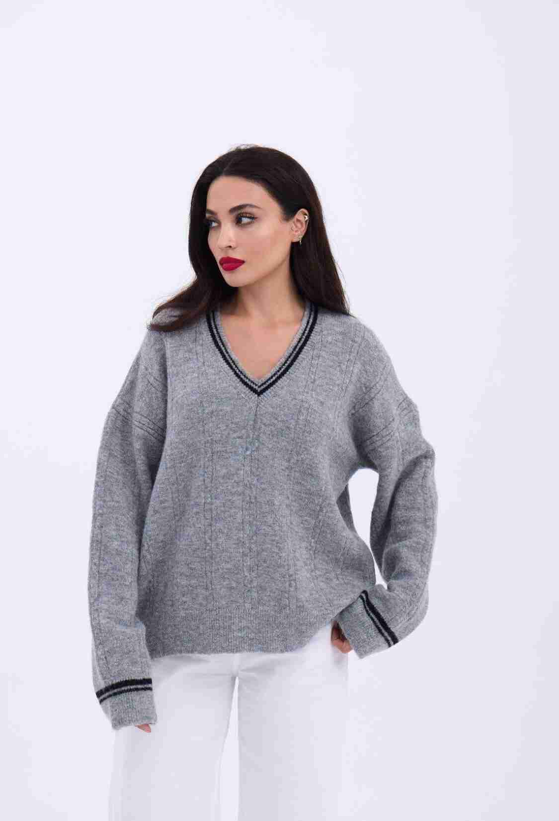 Knitwear V Neck Striped Sweater - Gray - Black - Brand: Fame - Women & Kids, Baby Clothes Wholesale - TheBS Women