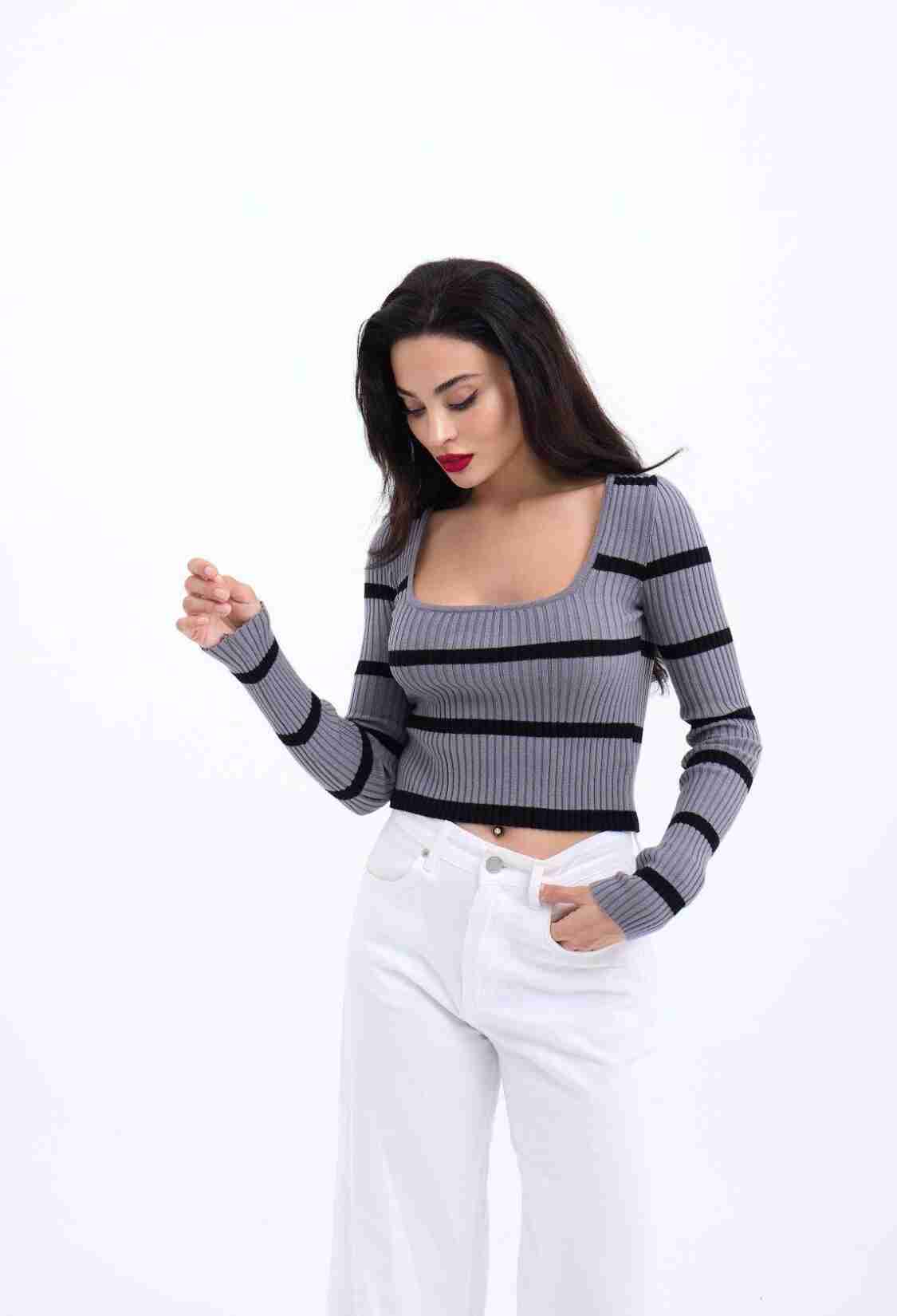 Knitwear Striped Ribbed Crop -& Black - Brand: Fame - Women & Kids, Baby Clothes Wholesale - TheBS Women