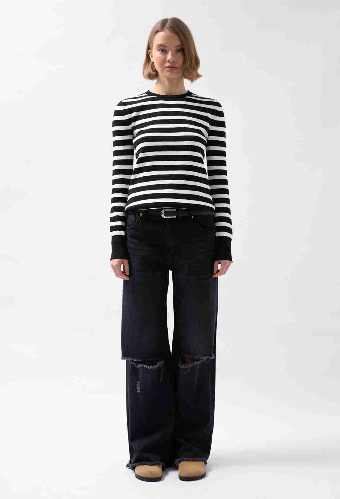 Crew Neck Striped Blouse - White - Brand: Black Fashion - Women & Kids, Baby Clothes Wholesale - TheBS Women