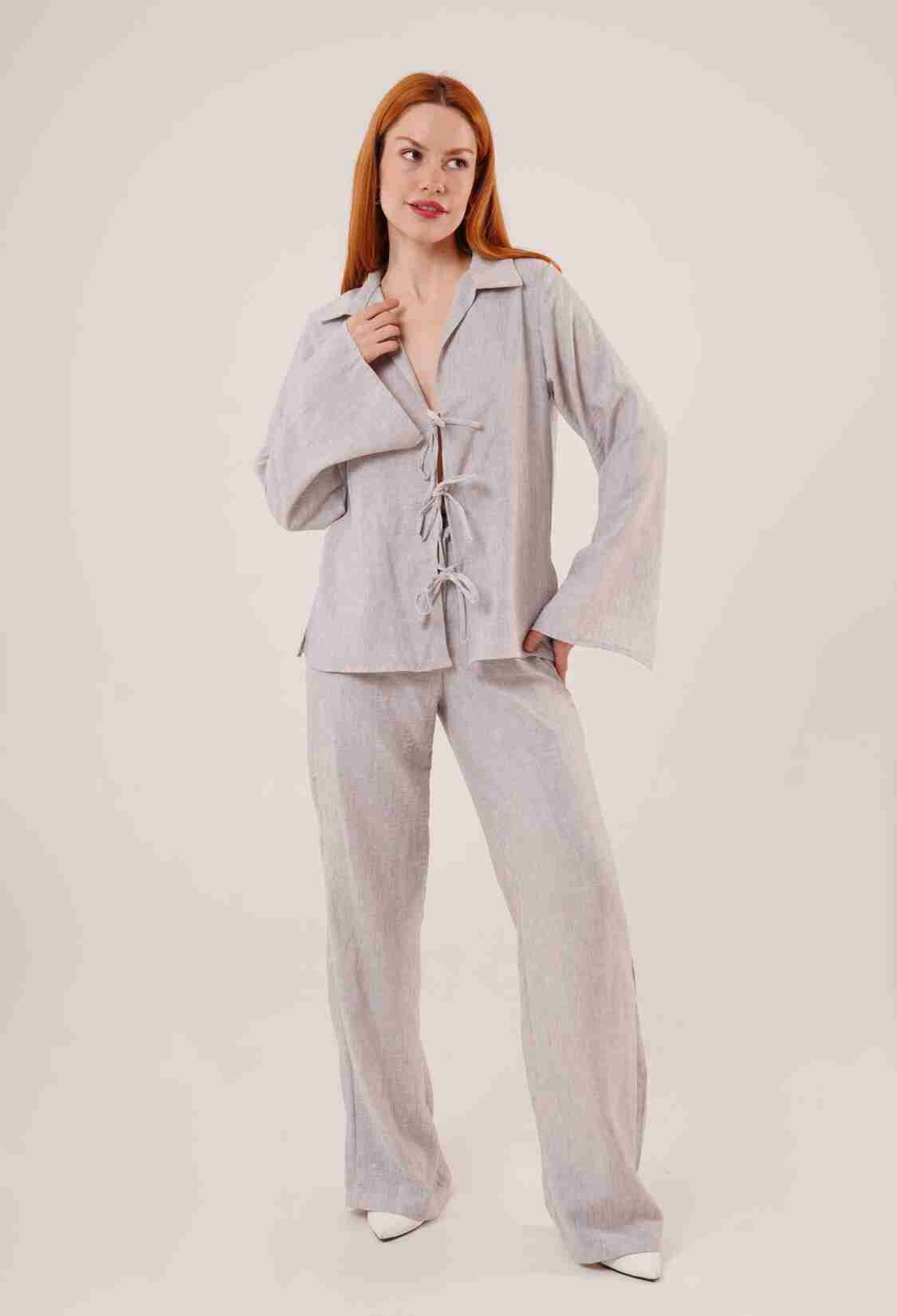 Front Drawstring Detailed Pants And Shirt Wholesale Gray Two Piece Suit - Brand: Lustrin - Women & Kids, Baby Clothes Wholesale - TheBS Women