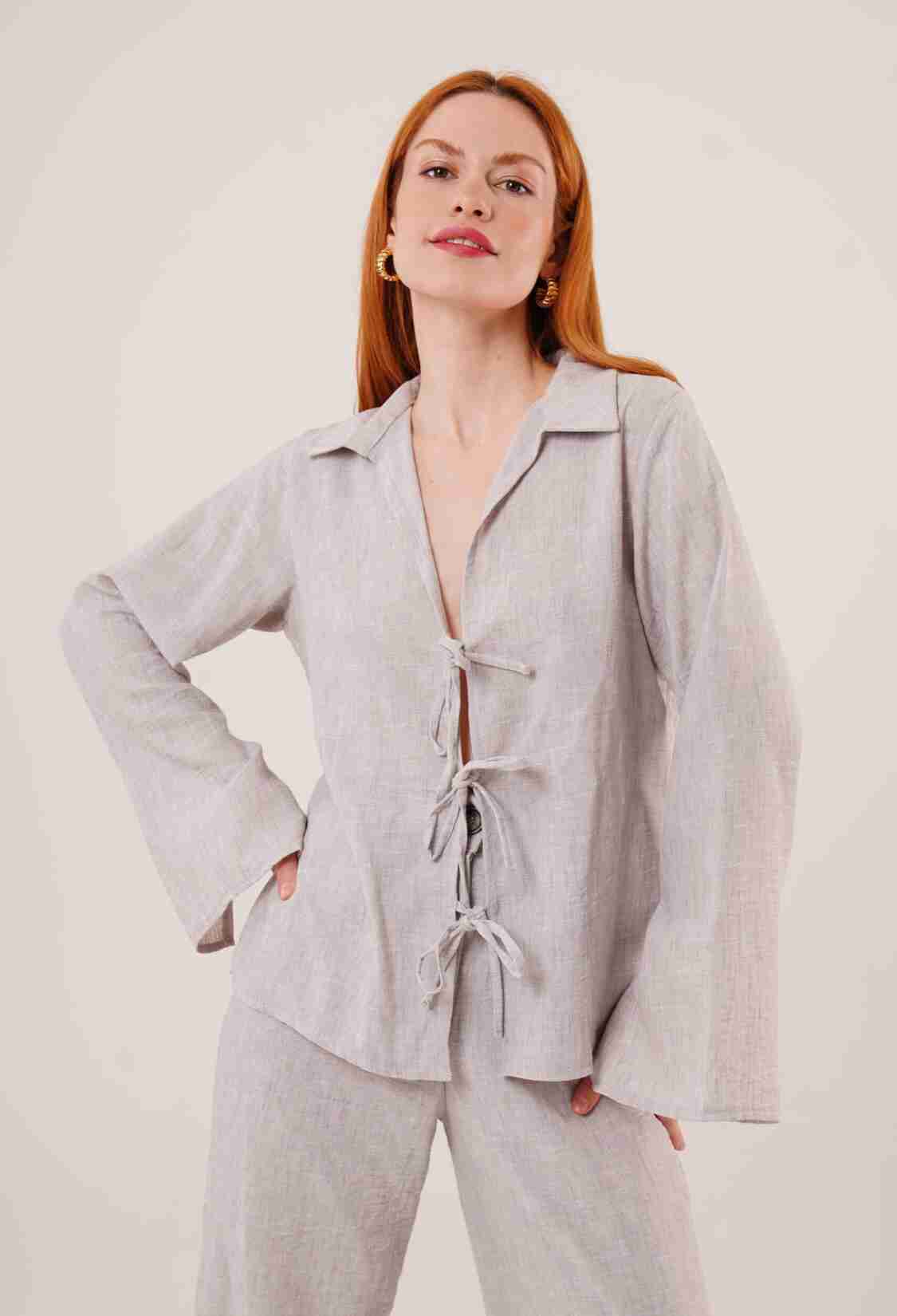 Front Drawstring Detailed Pants And Shirt Wholesale Gray Two Piece Suit - Brand: Lustrin - Women & Kids, Baby Clothes Wholesale - TheBS Women