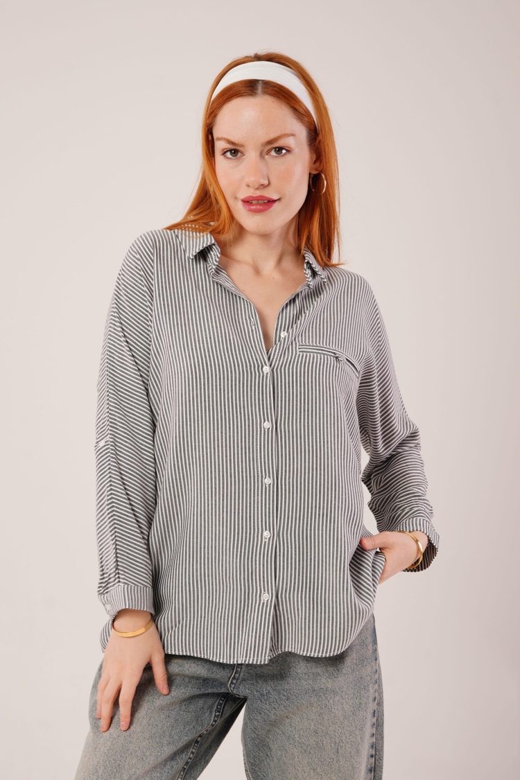 Pocket Detail Striped Oversize Shirt - Gray - Brand: Lustrin - Women & Kids, Baby Clothes Wholesale - TheBS Women