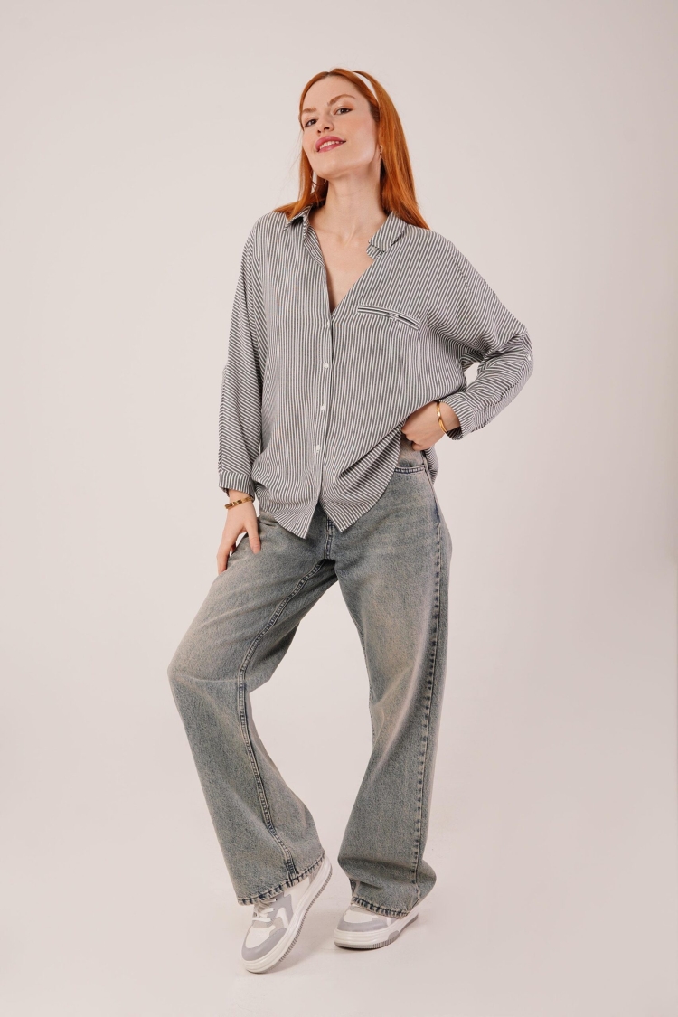 Pocket Detail Striped Oversize Shirt - Gray - Brand: Lustrin - Women & Kids, Baby Clothes Wholesale - TheBS Women