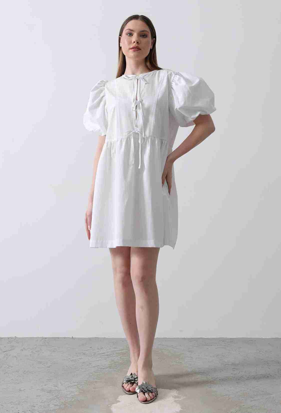 Balloon Sleeve Ribbon Detailed Dress - - Brand: Reyon - Women & Kids, Baby Clothes Wholesale - TheBS Women
