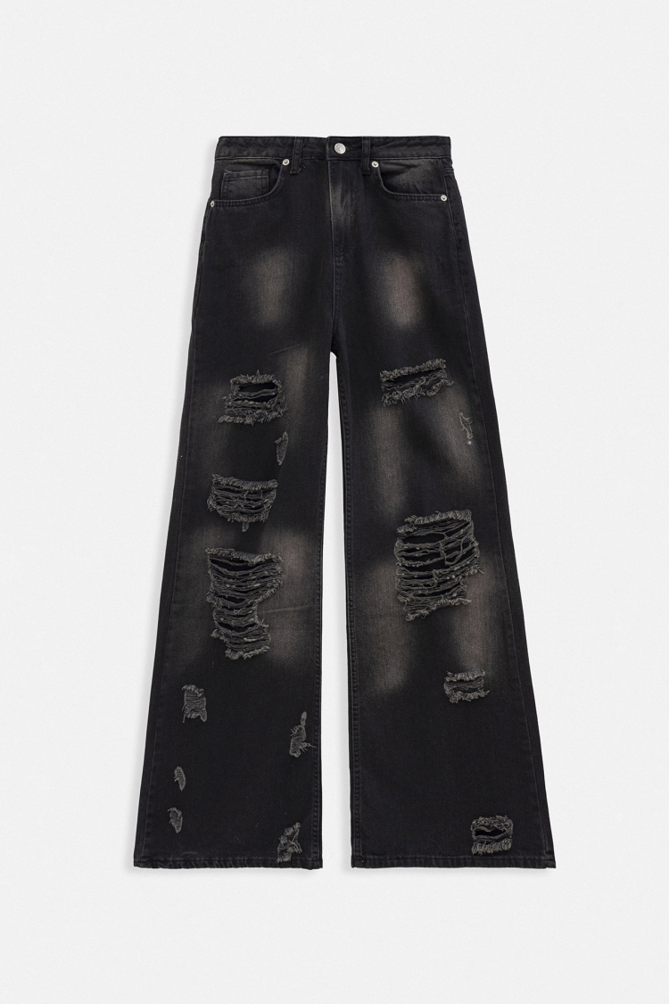 Laser Cut Wide Leg High Waist Jean - Snow Wash Smoked - Brand: Black Fashion - Women & Kids, Baby Clothes Wholesale - TheBS Women