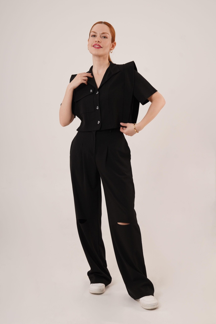 Pocket Buttoned Blouse And Knee Detailed PantsWholesale Two Piece Suit - Brand: Lustrin - Women & Kids, Baby Clothes Wholesale - TheBS Women