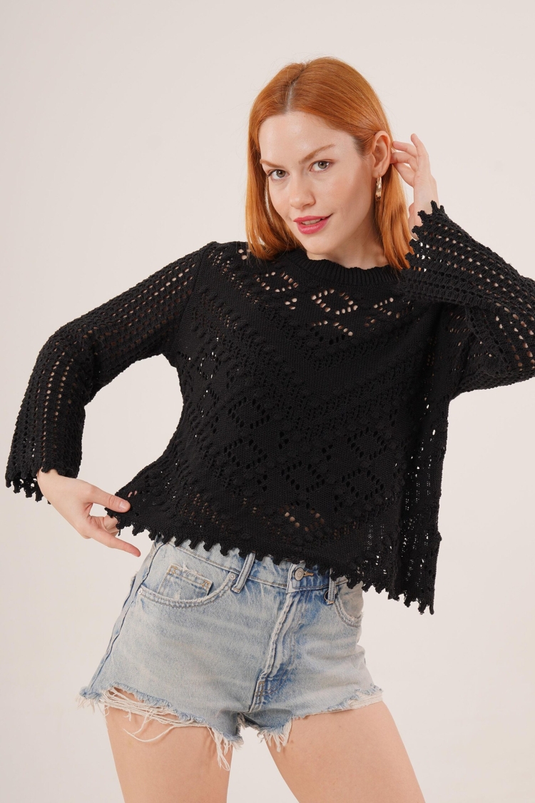 Openwork Perforated Pattern Wholesale Seasonal Black Sweater - Brand: Lustrin - Women & Kids, Baby Clothes Wholesale - TheBS Women
