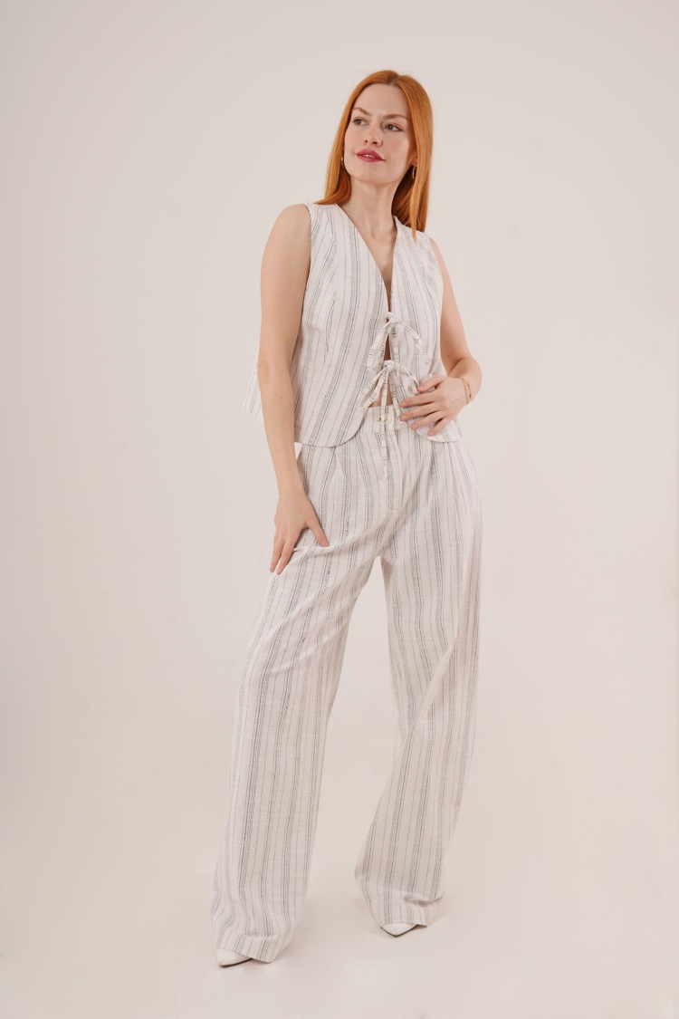 Front Drawstring Detailed Vest And Pants Black Striped Wholesale Two-piece Suit - Brand: Lustrin - Women & Kids, Baby Clothes Wholesale - TheBS Women