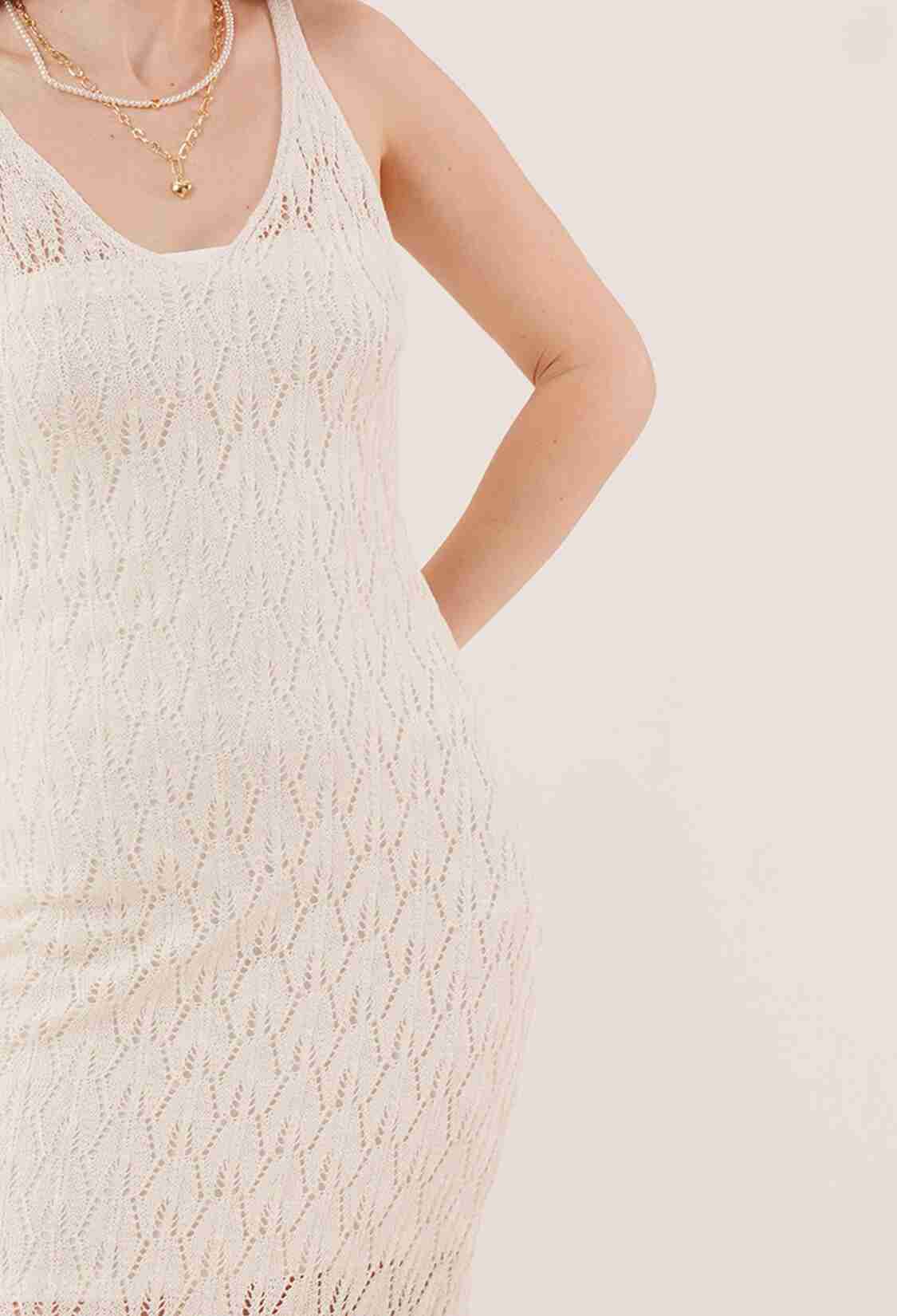 Openwork V Neck Tassel Detailed WholesaleDress - Brand: Lustrin - Women & Kids, Baby Clothes Wholesale - TheBS Women