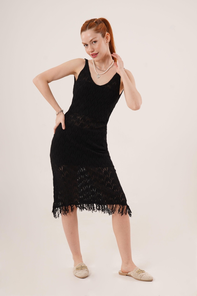 Openwork V Neck Tassel DetailedWholesale Dress - Brand: Lustrin - Women & Kids, Baby Clothes Wholesale - TheBS Women