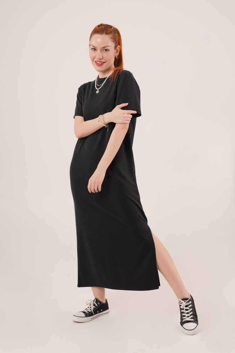 Slit Detailed Short Sleeve Slippery MaxiWholesale Dress - Brand: Lustrin - Women & Kids, Baby Clothes Wholesale - TheBS Women