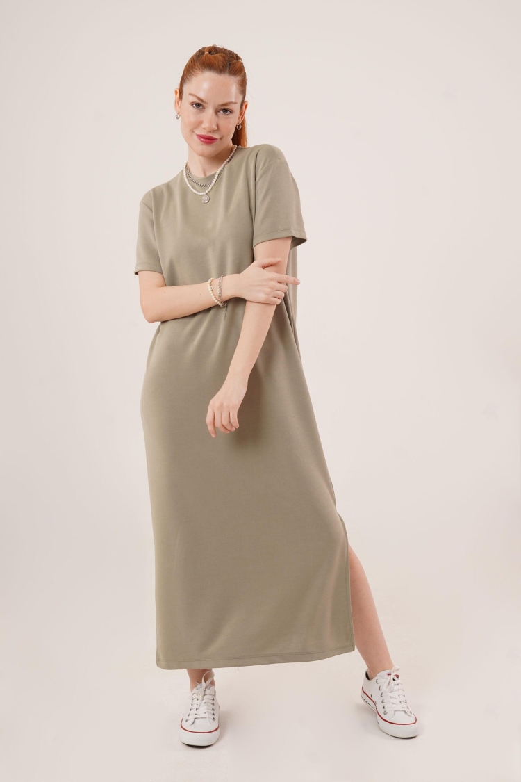 Slit Detailed Short Sleeve Slippery Maxi OilWholesale Dress - Brand: Lustrin - Women & Kids, Baby Clothes Wholesale - TheBS Women